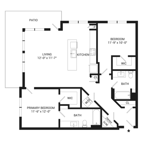 Floor plan for 2 beds, 2 baths, 1147 sqft